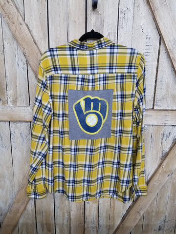 Repurposed Flannel Shirt with Brewers Patch