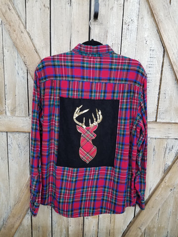 Repurposed Flannel Shirt with Deer Profile Patch