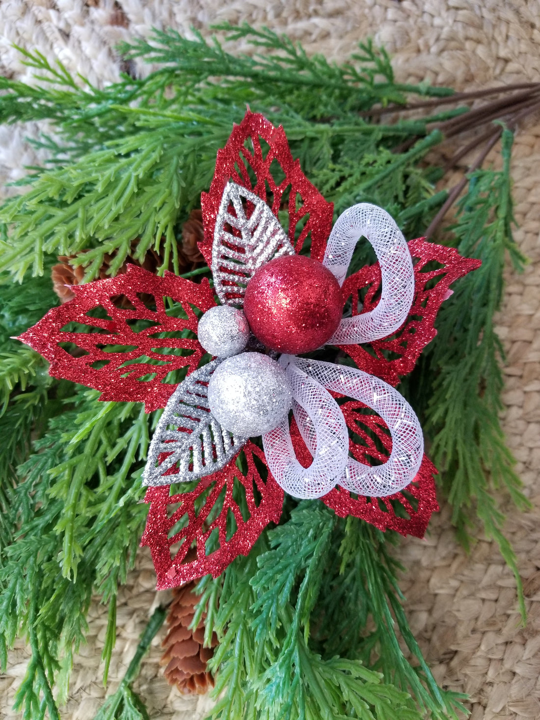 Red + Silver Poinsettia Clip