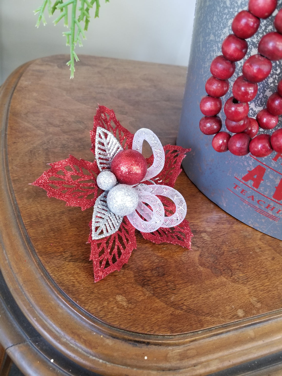 Red + Silver Poinsettia Clip