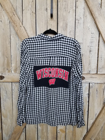 Repurposed Flannel with Wisconsin Patch