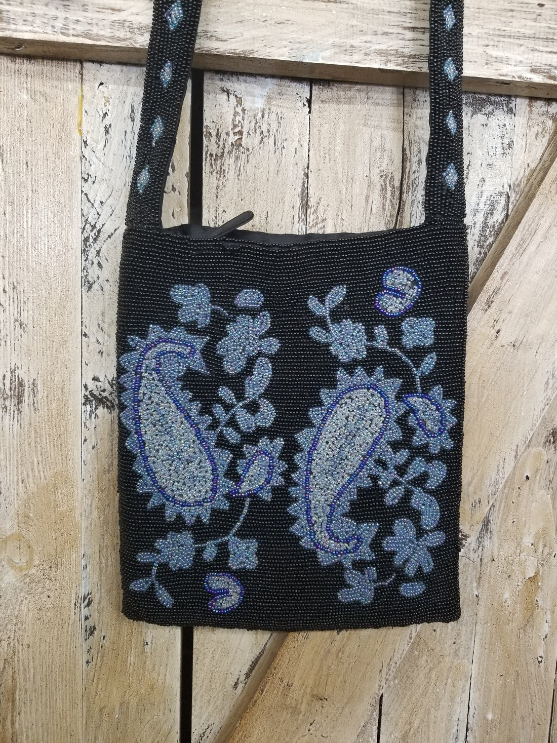 Black + Blue Silk Beaded Cross Body Purse