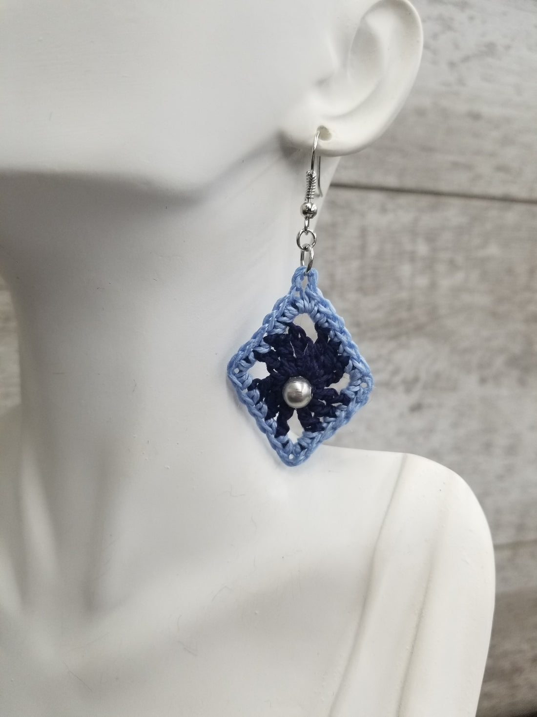 Navy Diamond with Silver Bead Crochet Earrings