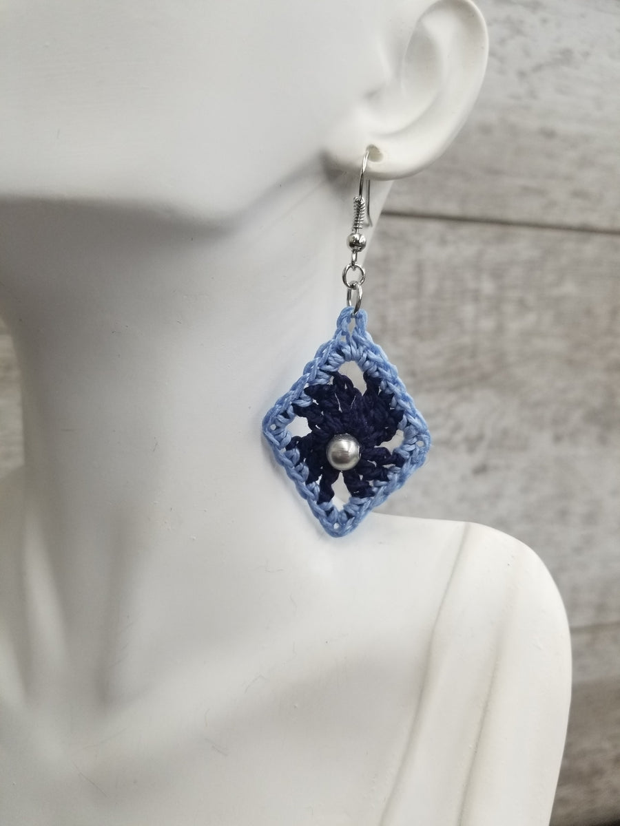 Navy Diamond with Silver Bead Crochet Earrings