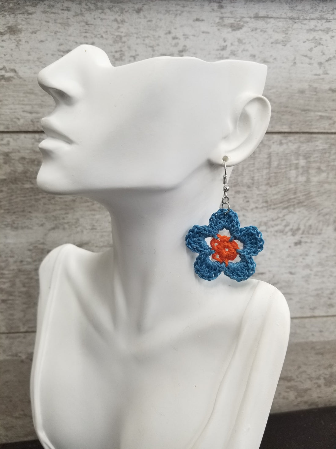 Blue & Orange Flower Crochet Earrings