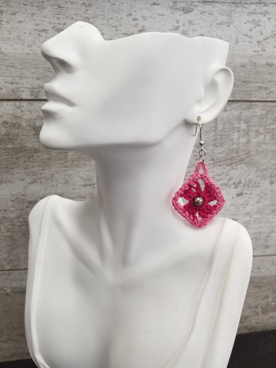 Pink Diamond with Metallic Bead Crochet Earrings