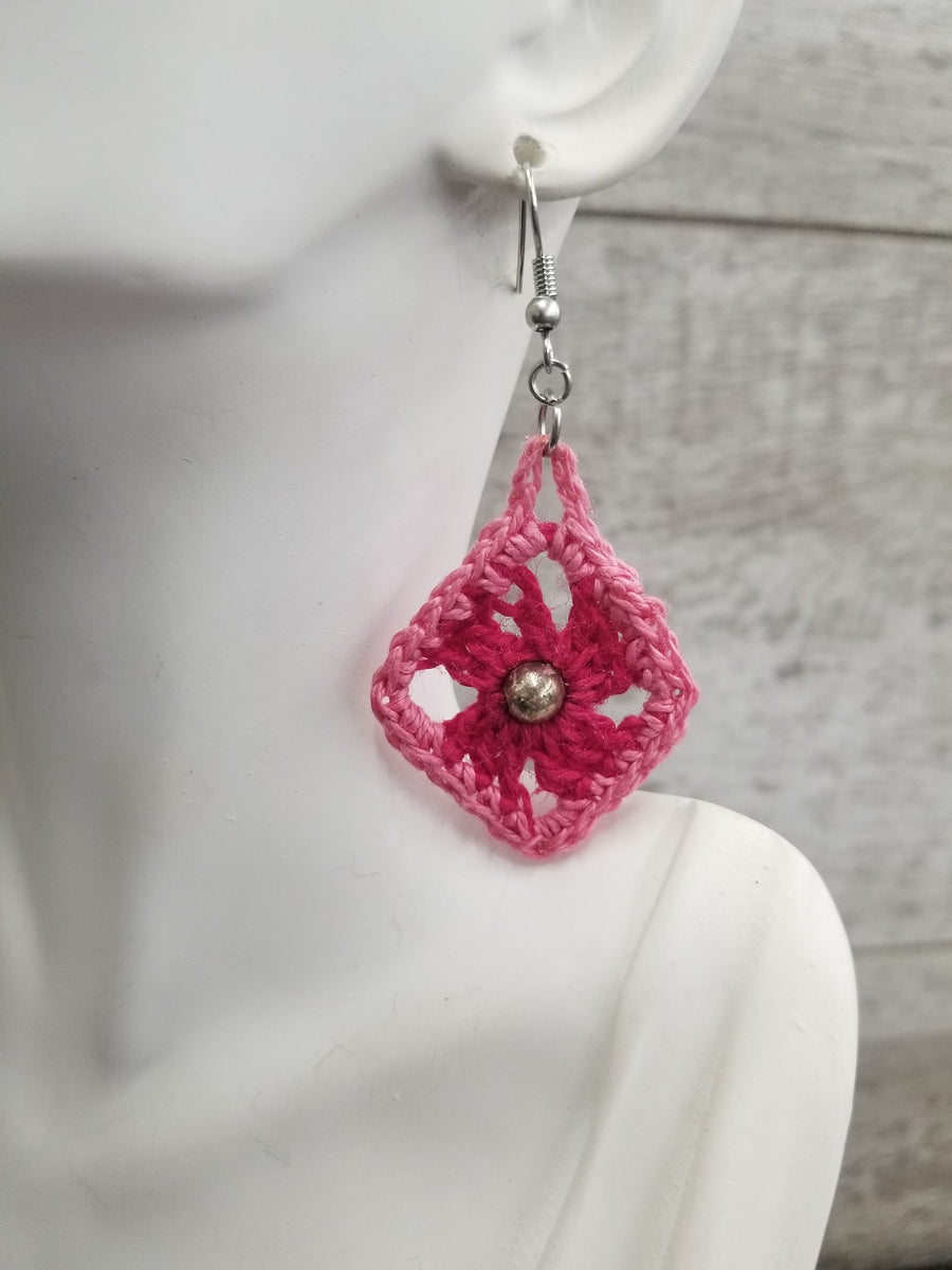 Pink Diamond with Metallic Bead Crochet Earrings