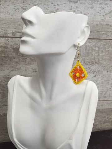 Orange Diamond with Yellow Bead Crochet Earrings