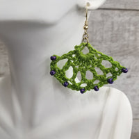 Beaded Green Fan Crochet Earrings