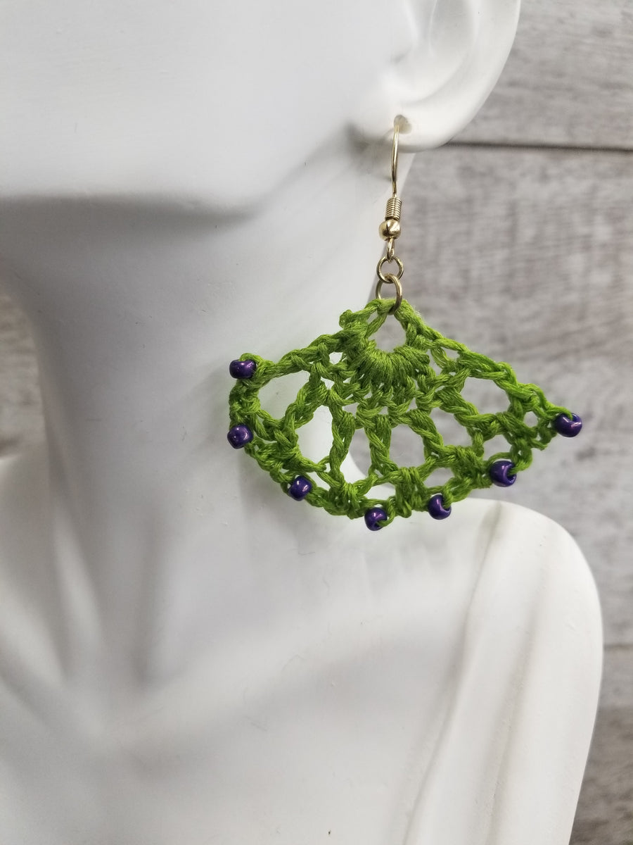 Beaded Green Fan Crochet Earrings