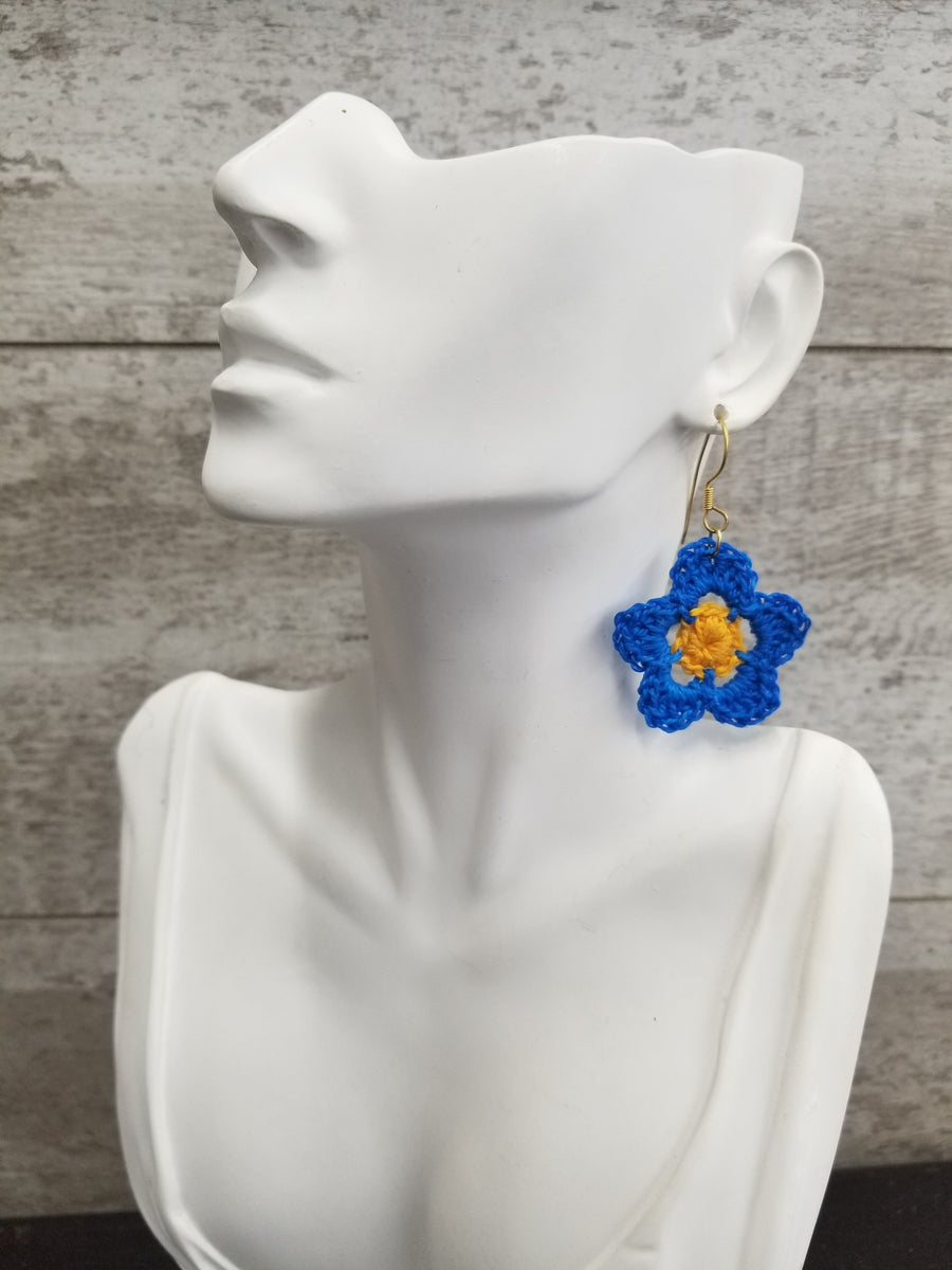 Blue & Yellow Flower Crochet Earrings
