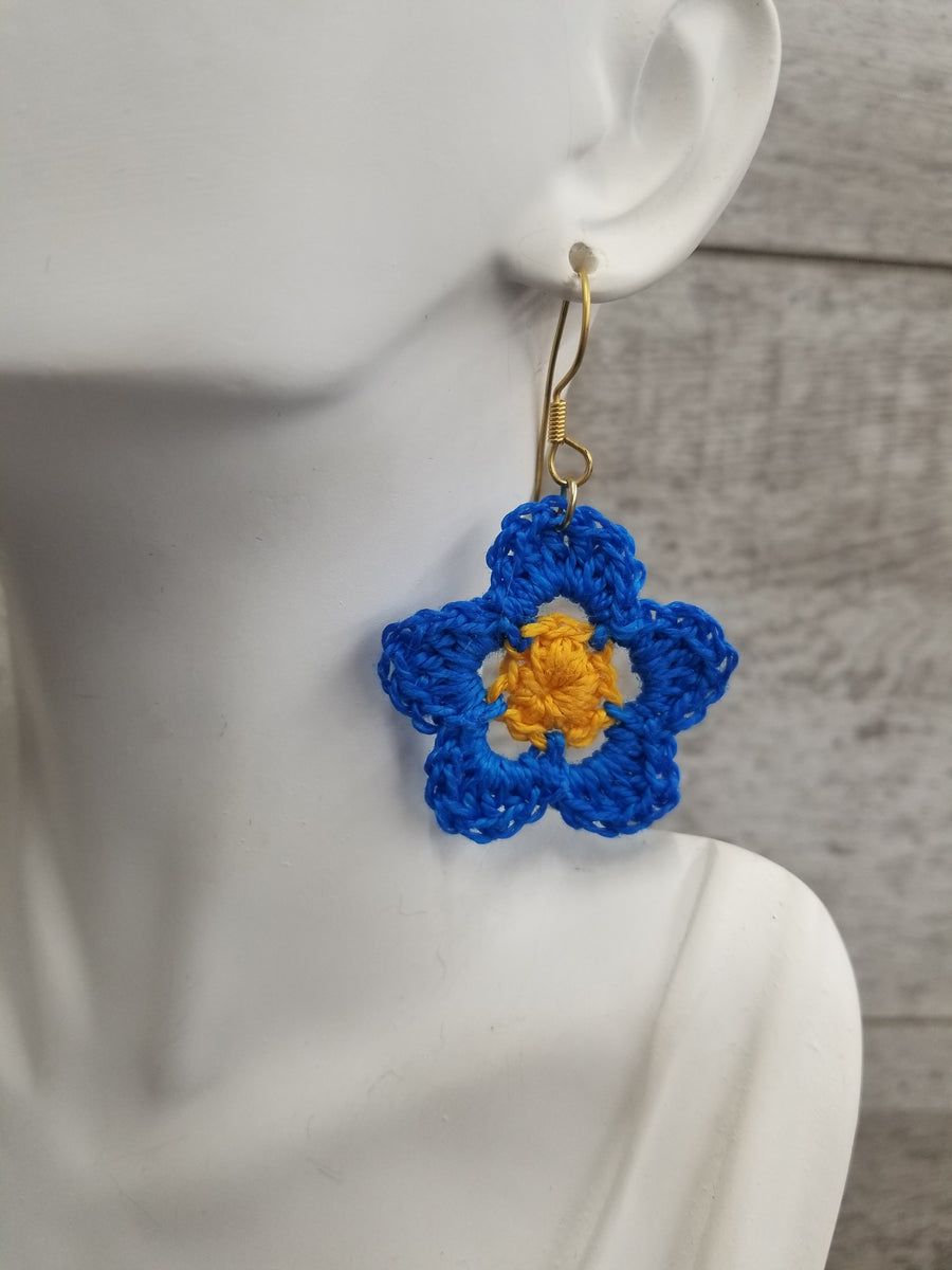 Blue & Yellow Flower Crochet Earrings