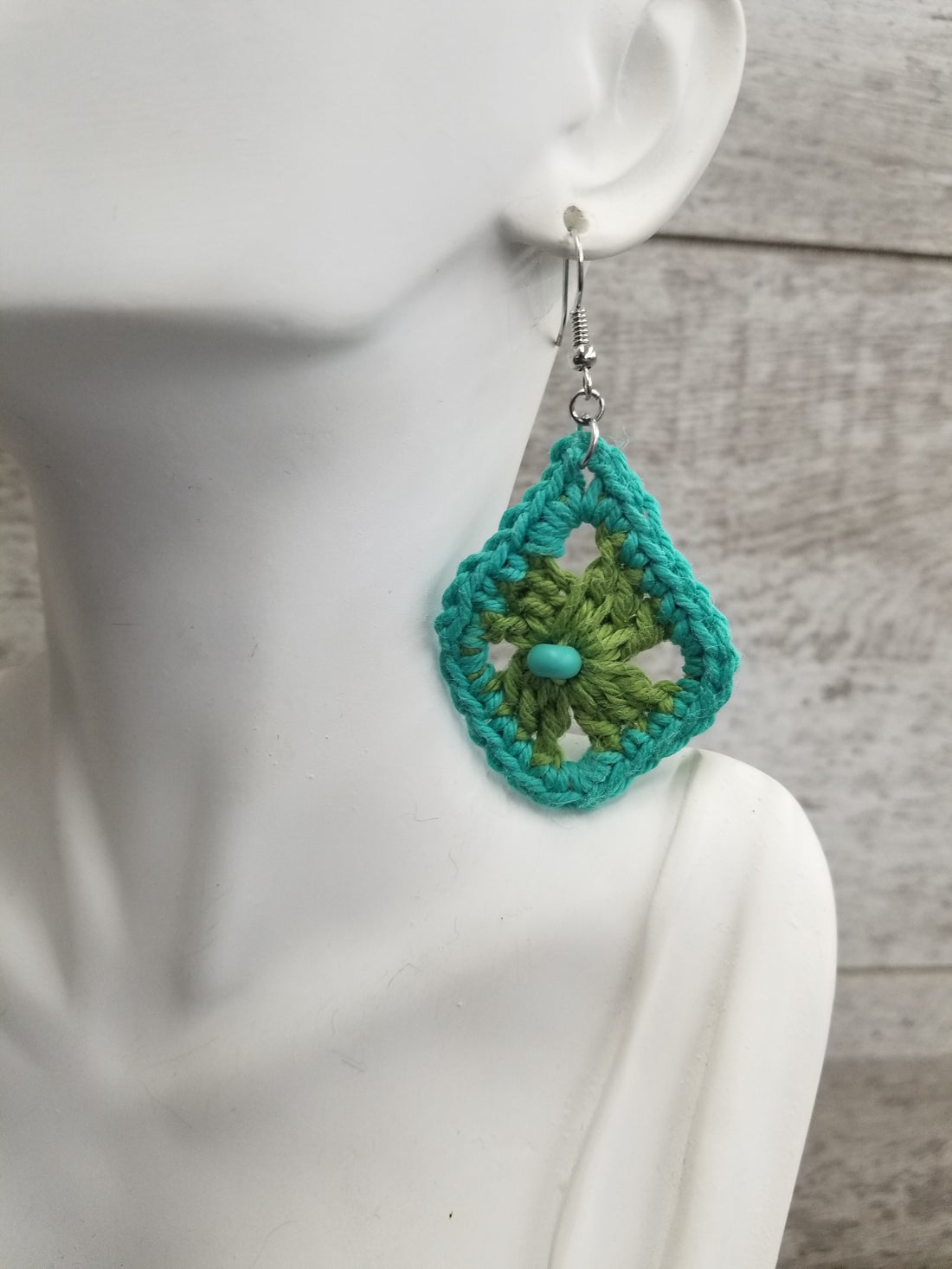 Green Diamond with Blue Bead Crochet Earrings