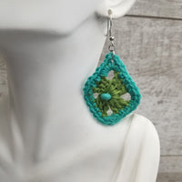 Green Diamond with Blue Bead Crochet Earrings