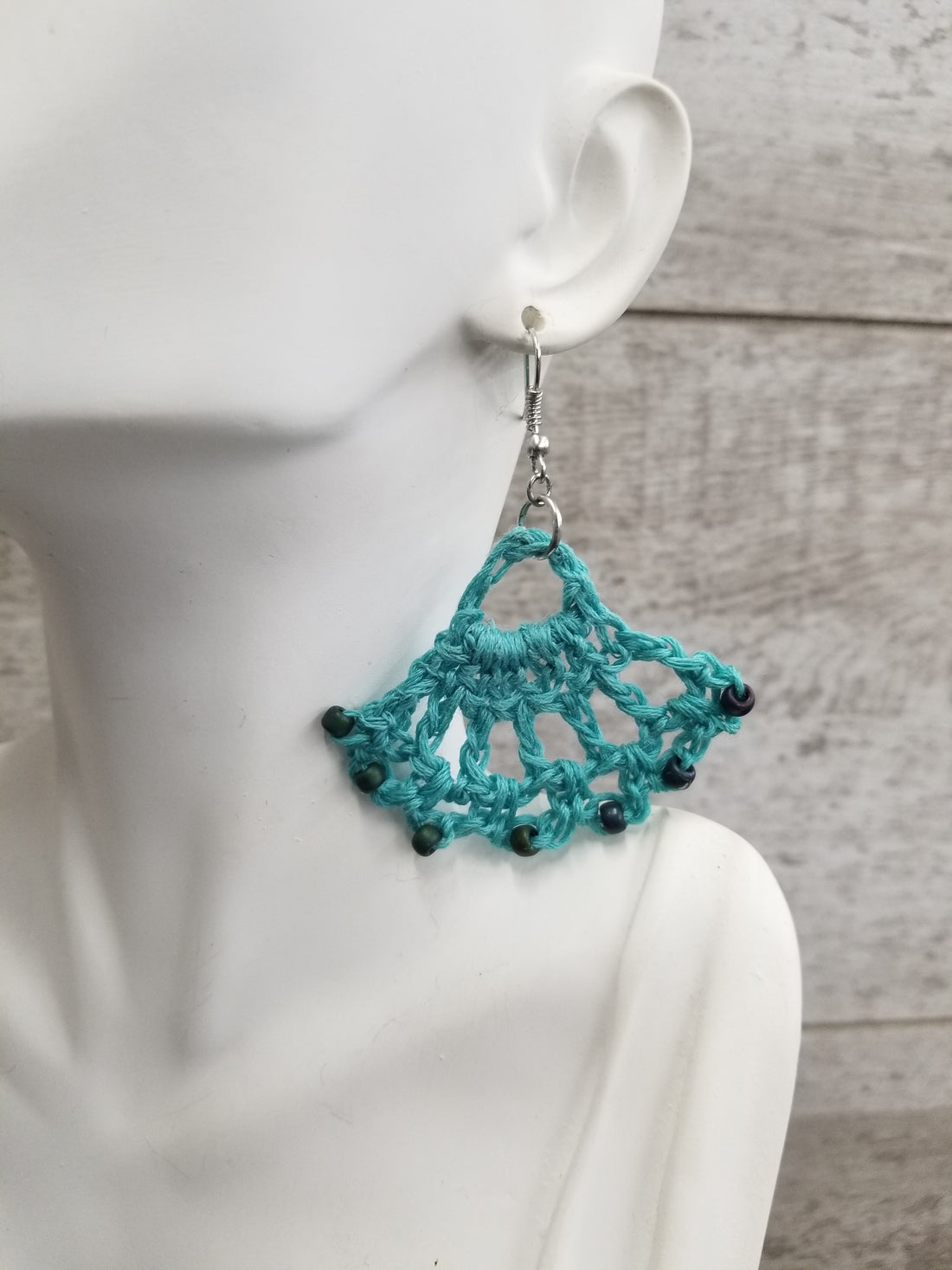 Beaded Blue Fan Crochet Earrings