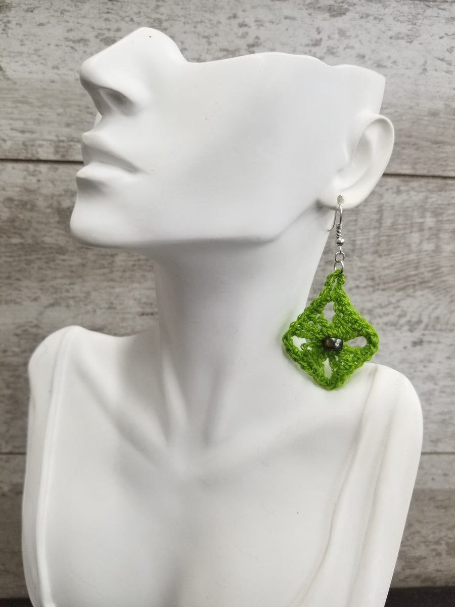 Green Diamond with Metallic Bead Crochet Earrings