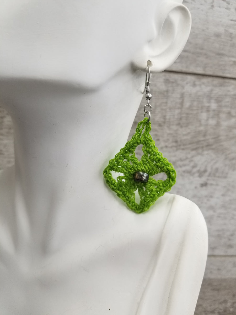 Green Diamond with Metallic Bead Crochet Earrings