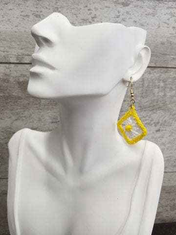 White Diamond with Yellow Bead Crochet Earrings