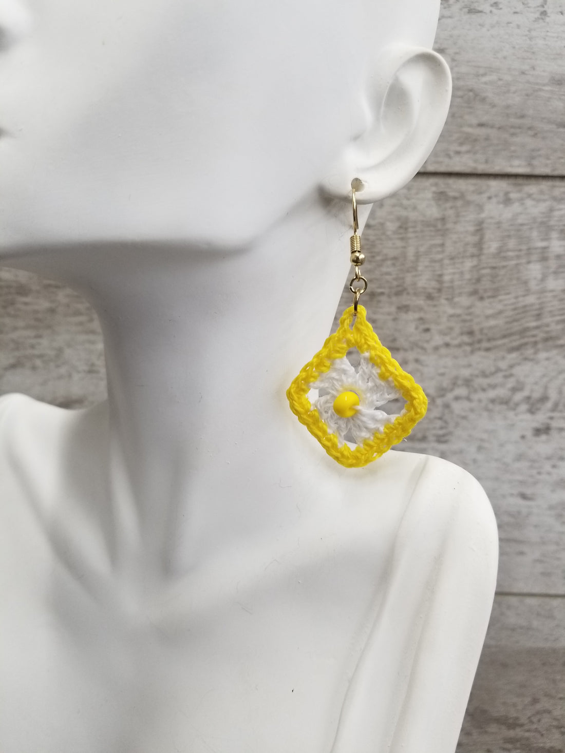 White Diamond with Yellow Bead Crochet Earrings