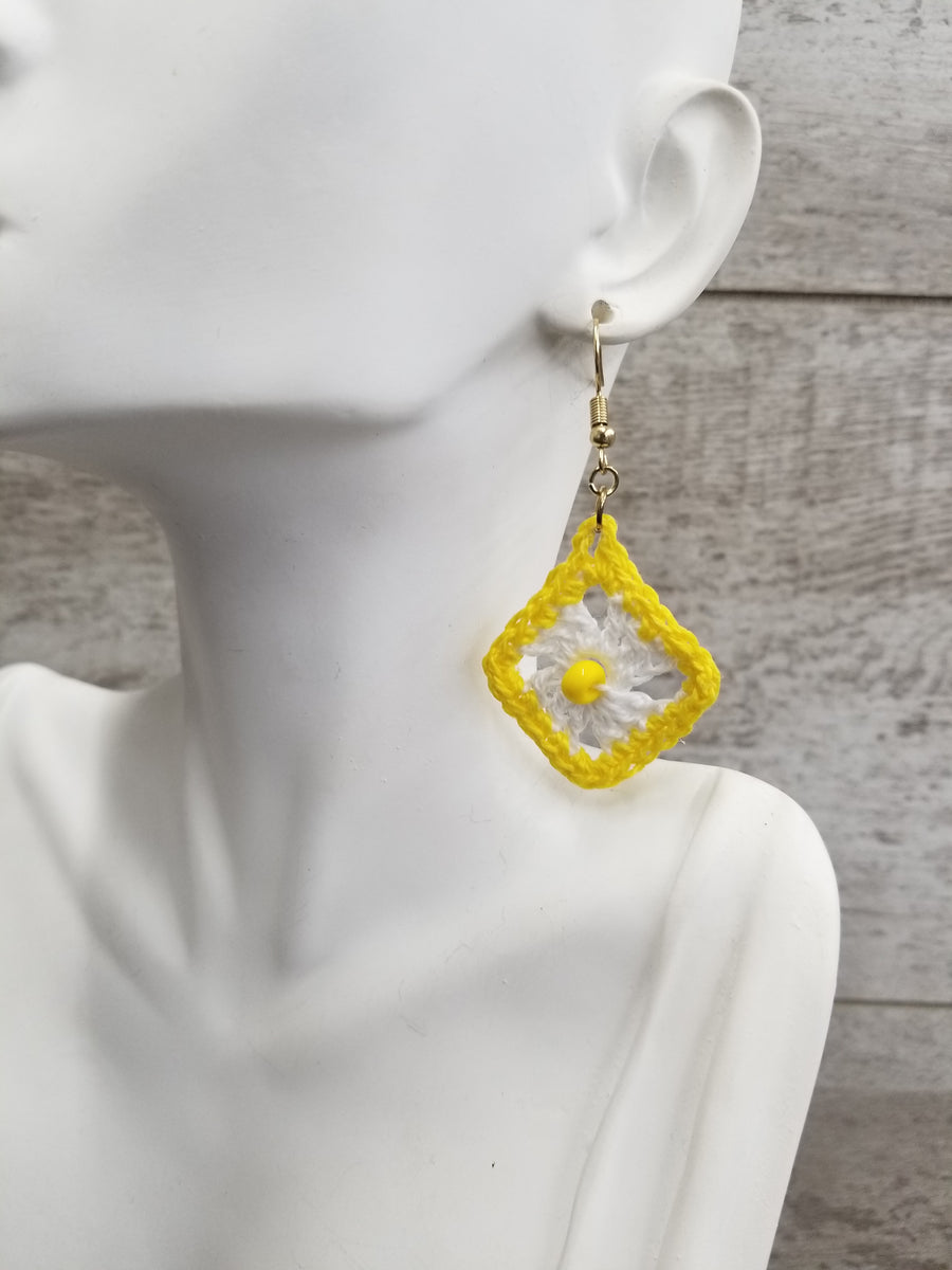 White Diamond with Yellow Bead Crochet Earrings