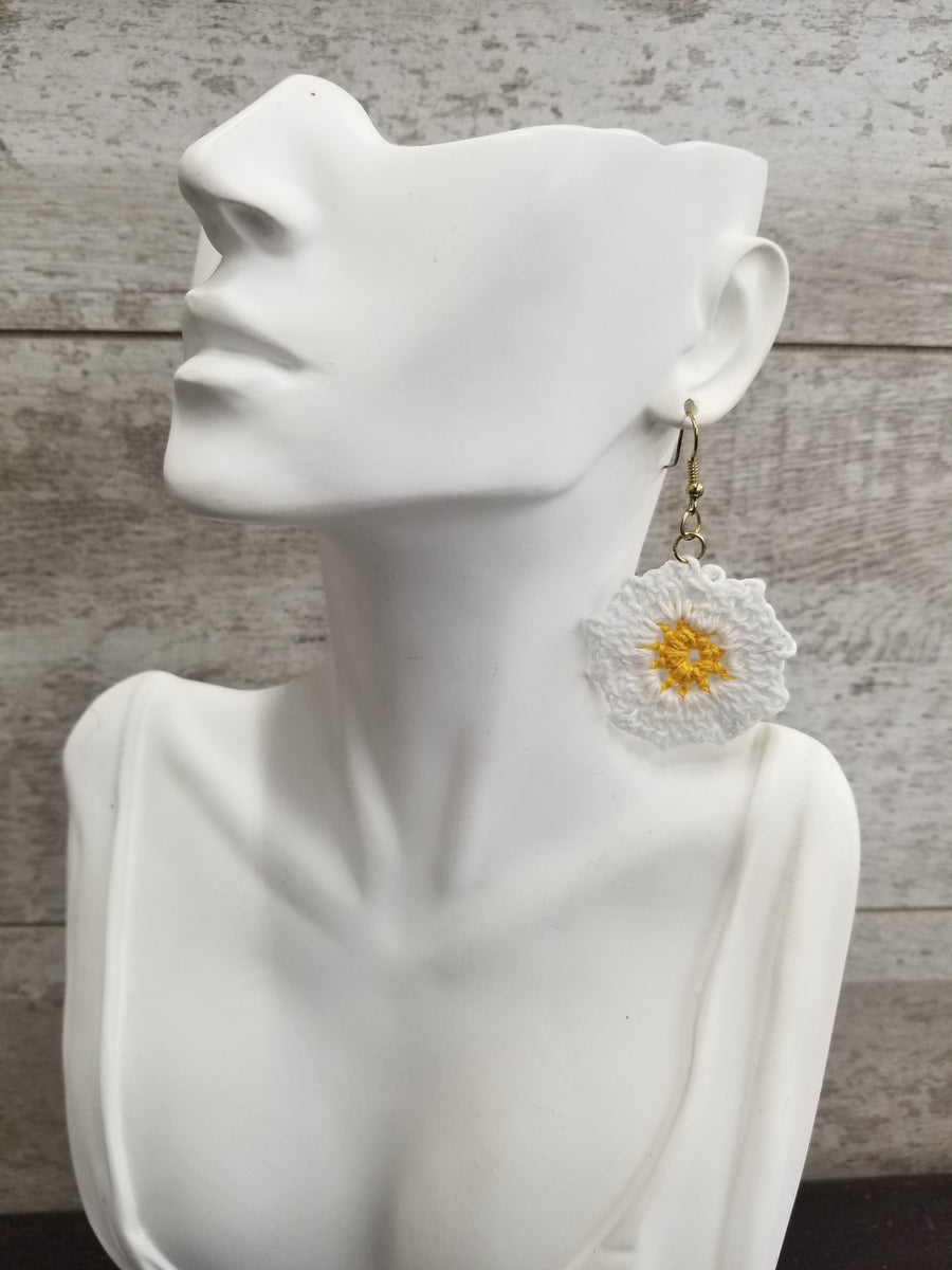 White & Yellow Flower Crochet Earrings