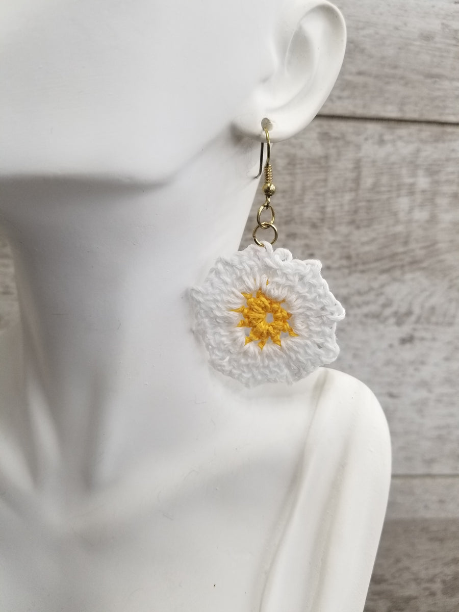 White & Yellow Flower Crochet Earrings
