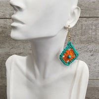 Orange Diamond with Blue Bead Crochet Earrings