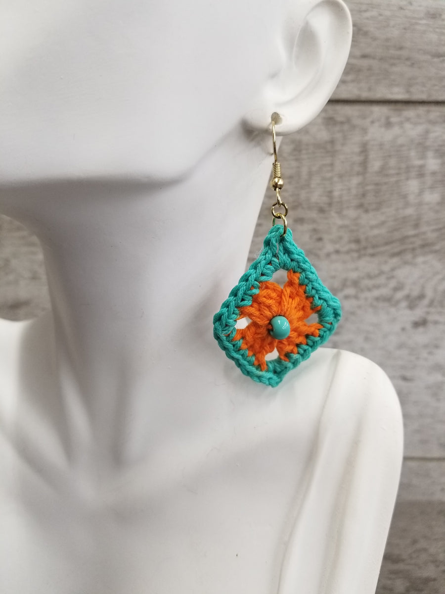 Orange Diamond with Blue Bead Crochet Earrings