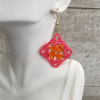 Pink & Orange Diamond Crochet Earrings