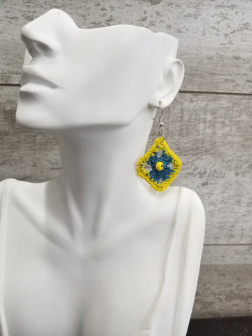 Blue Diamond with Yellow Bead Crochet Earrings