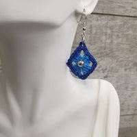 Blue Diamond with Silver Bead Crochet Earrings