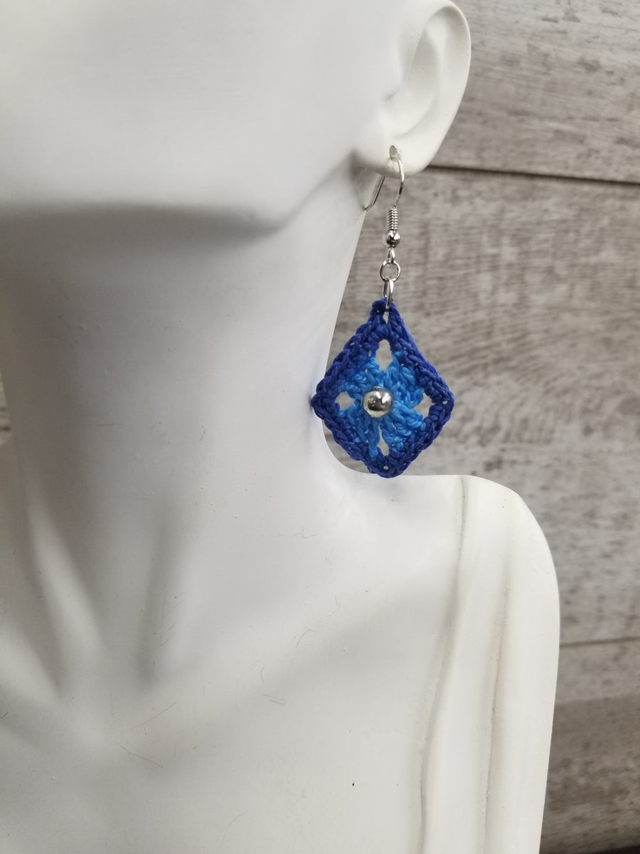 Blue Diamond with Silver Bead Crochet Earrings