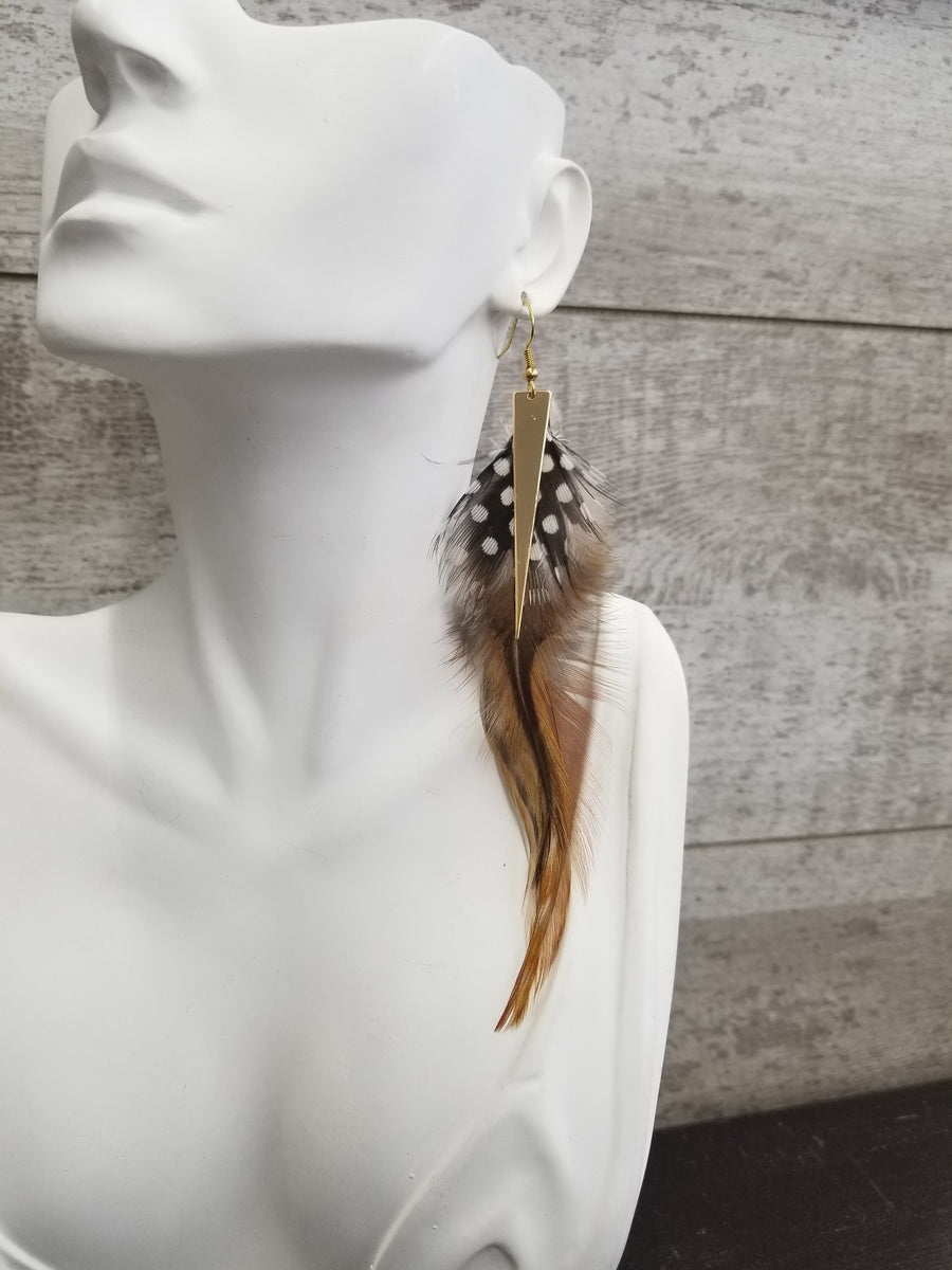 Spotted Pheasant Feather + Gold Triangle Earrings