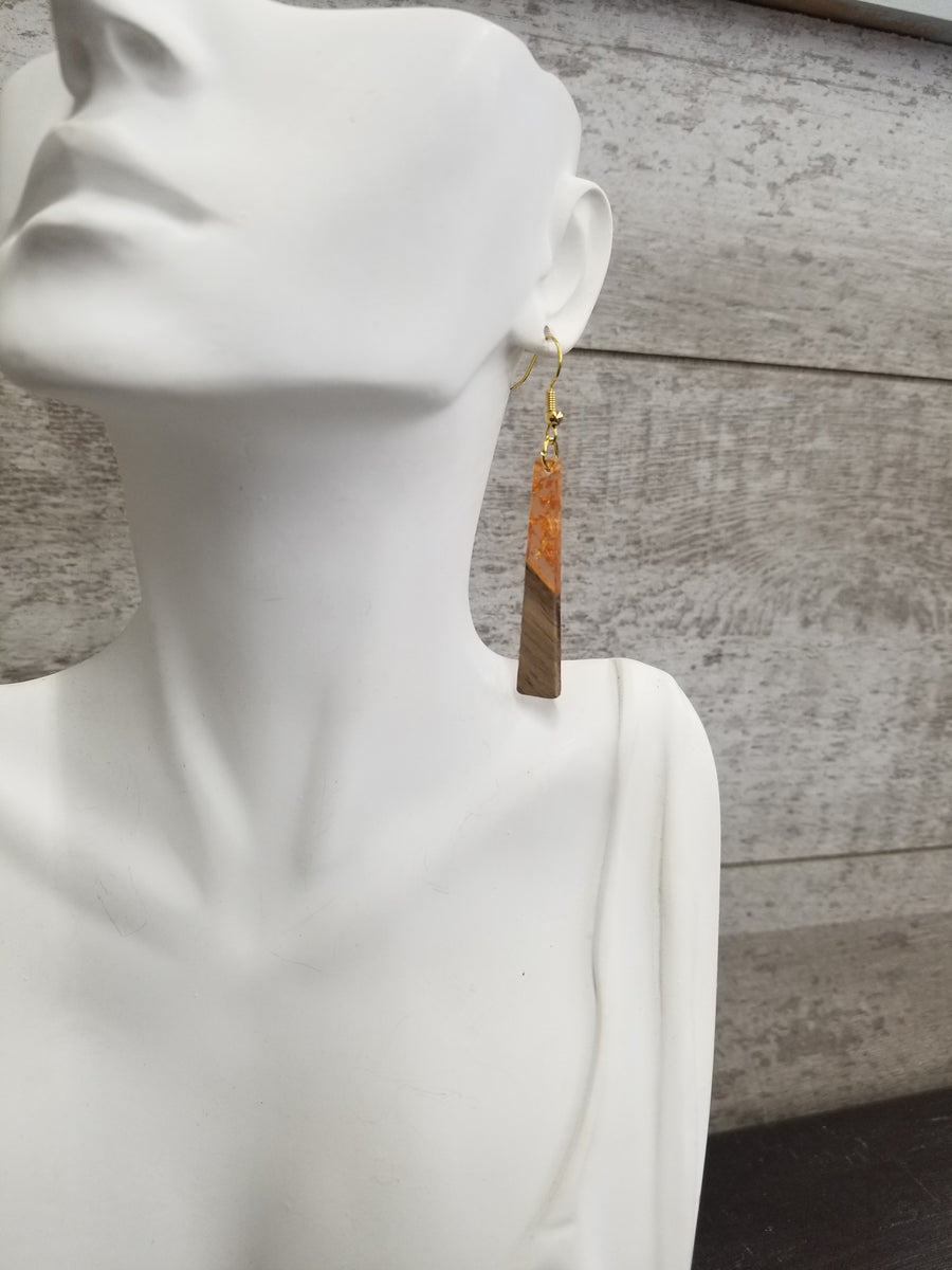 Orange + Gold Flakes Tapered Resin Drop Earrings