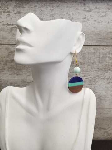Wood/Blue Circle Resin Drop Earrings