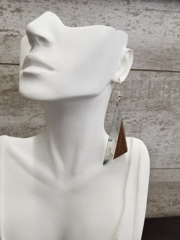 Wood & Marbled Clear/Black Triangle Resin Drop Earrings