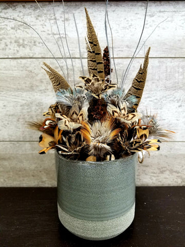 Pheasant Feather Flowers in Gray Pot - Large