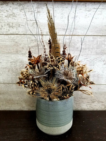 Pheasant Feather Flowers in Gray Pot - Small