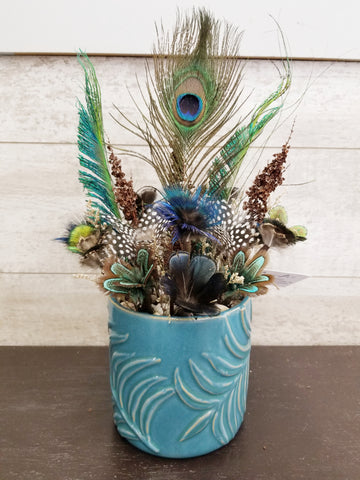 Pheasant, Peacock + Guinea Fowl Feather Flowers in Blue Pot