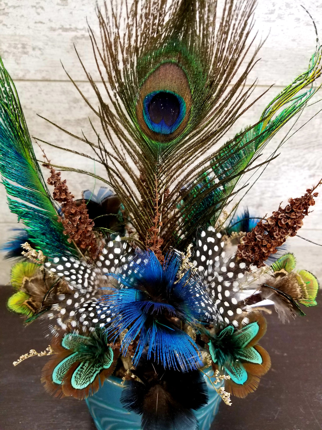 Pheasant, Peacock + Guinea Fowl Feather Flowers in Blue Pot
