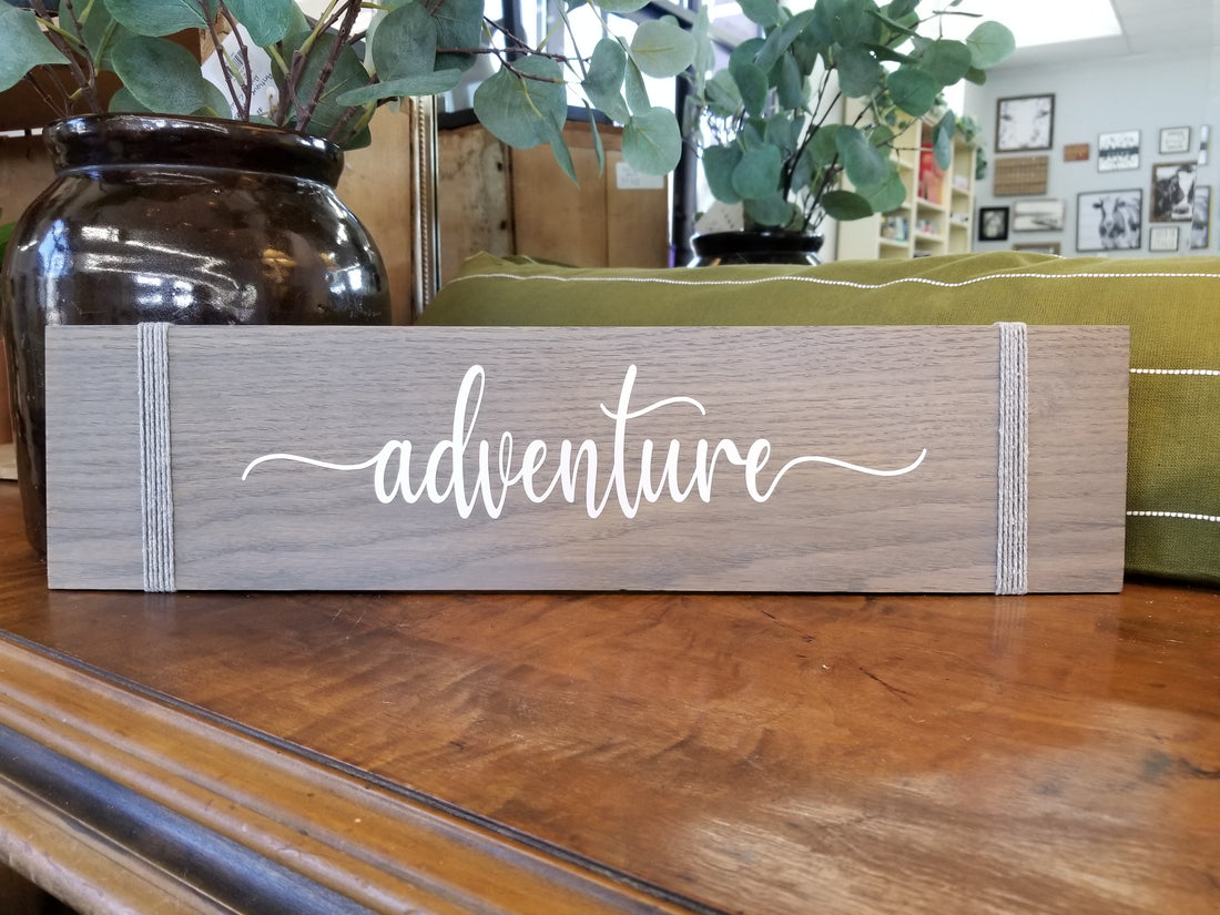 Adventure Hanging Wooden Sign – Flowers and Gray