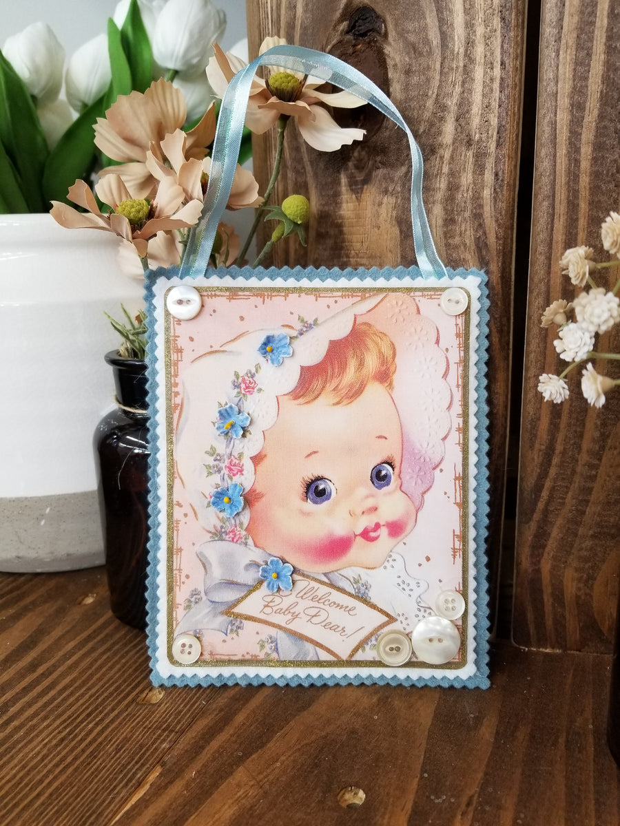 Hanging Vintage Postcard Reproduction - Welcome Baby Dear!