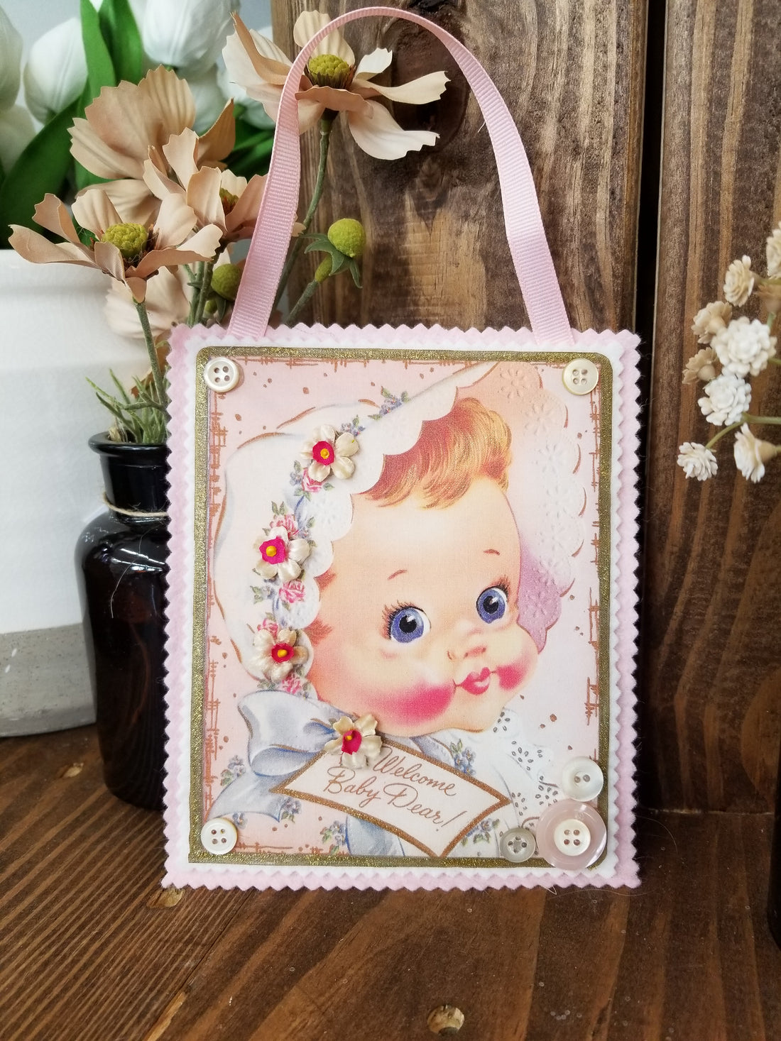 Hanging Vintage Postcard Reproduction - Welcome Baby Dear!