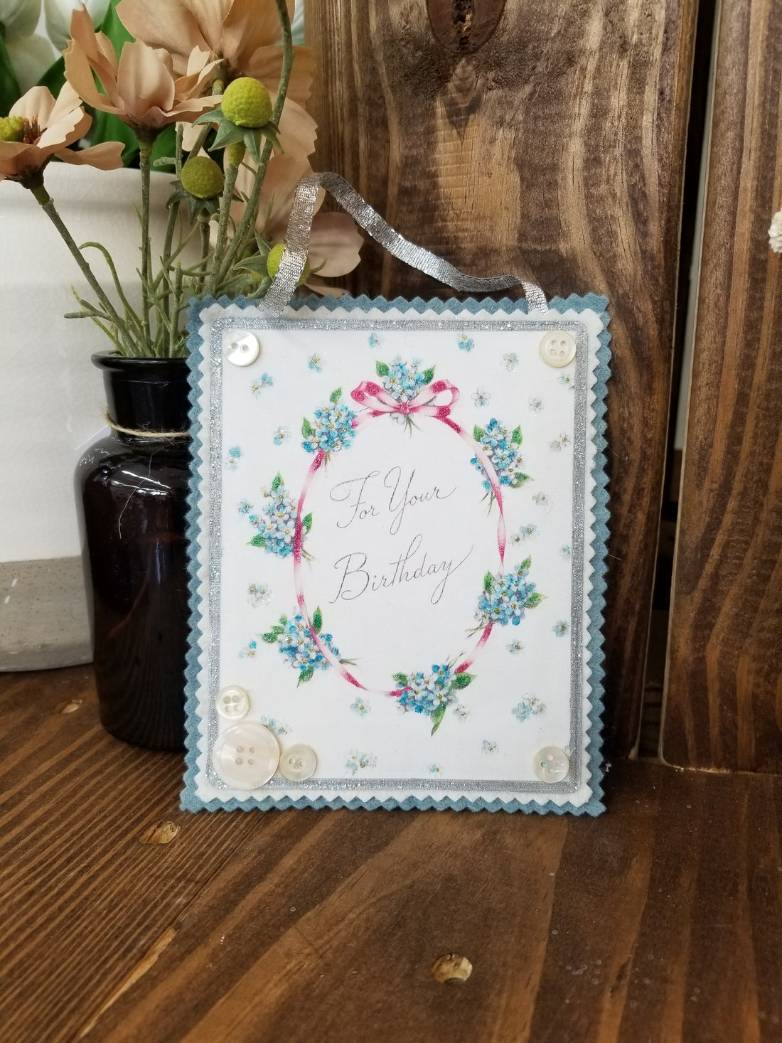 Hanging Vintage Postcard Reproduction - For Your Birthday Blue Flowers