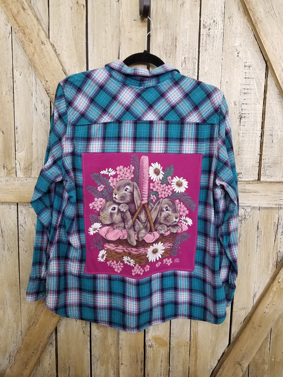 Repurposed Flannel Shirt with Rabbits Patch