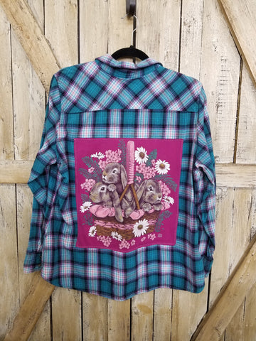 Repurposed Flannel Shirt with Rabbits Patch