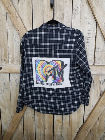 Repurposed Flannel Shirt with Music Television Patch