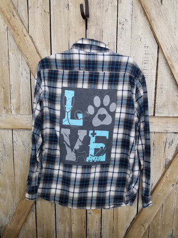 Repurposed Flannel Shirt with Paw Print Love Patch