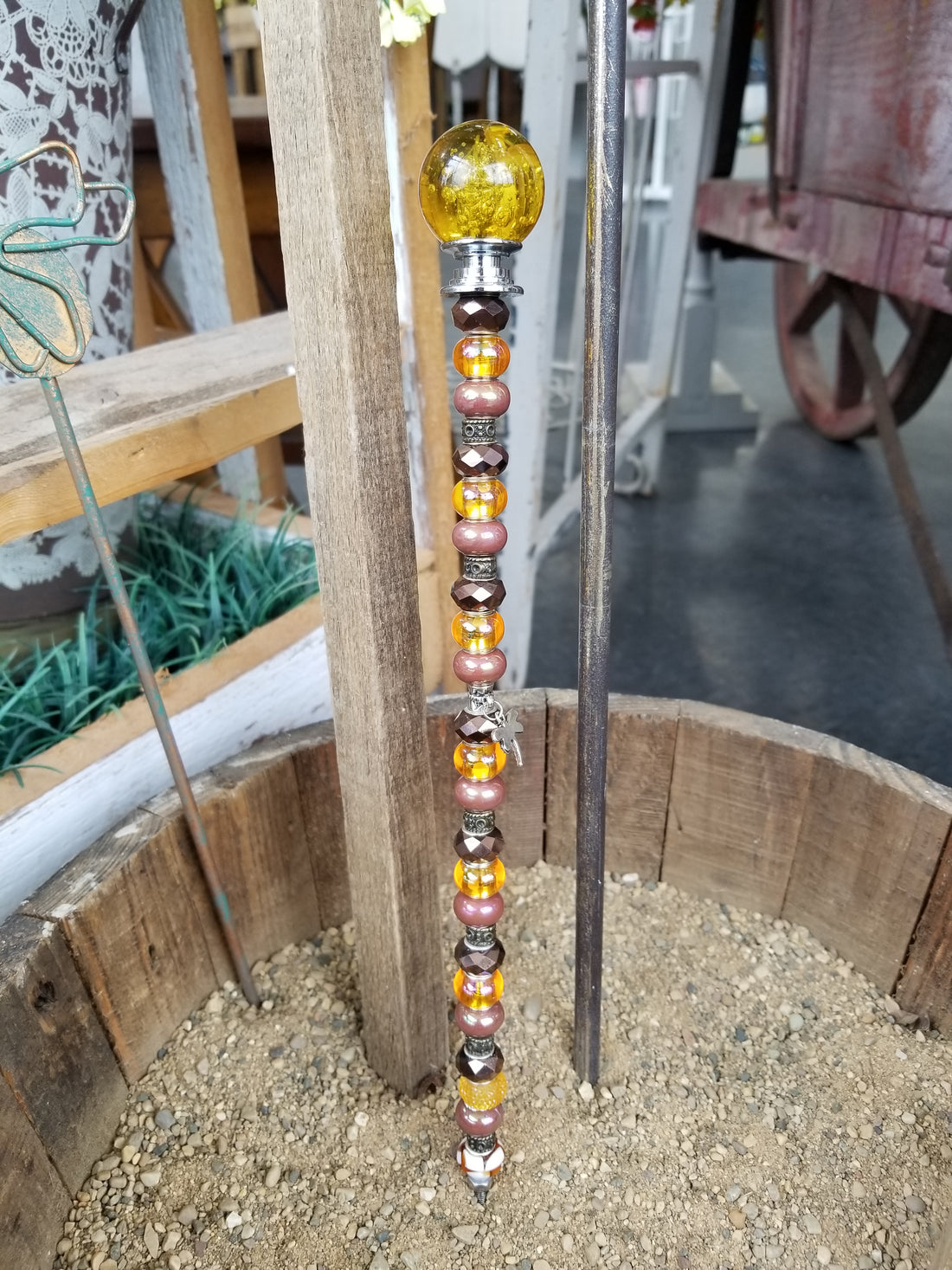 Beaded Garden Pick - Yellow + Brown
