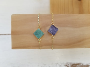Gold Slider Bracelet - Square Blue Druzy